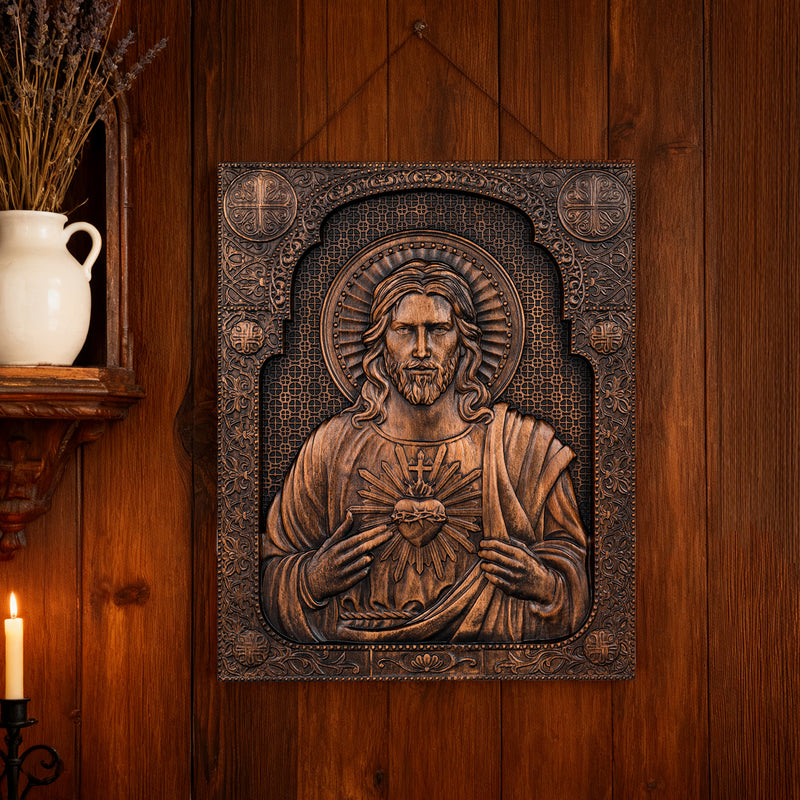 Our Lord Jesus Sacred Heart Wood Carving - Christian Catholic Personalized Carving Gift