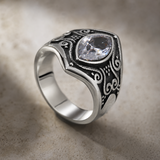 Vintage Gothic Scroll Engraved Marquise Stone Mens Signet Ring