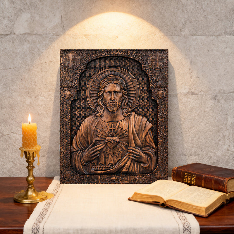 Our Lord Jesus Sacred Heart Wood Carving - Christian Catholic Personalized Carving Gift