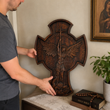 Hand-Carved Beechwood Archangel Michael Wall Cross – Quis Ut Deus Christian Home Decor