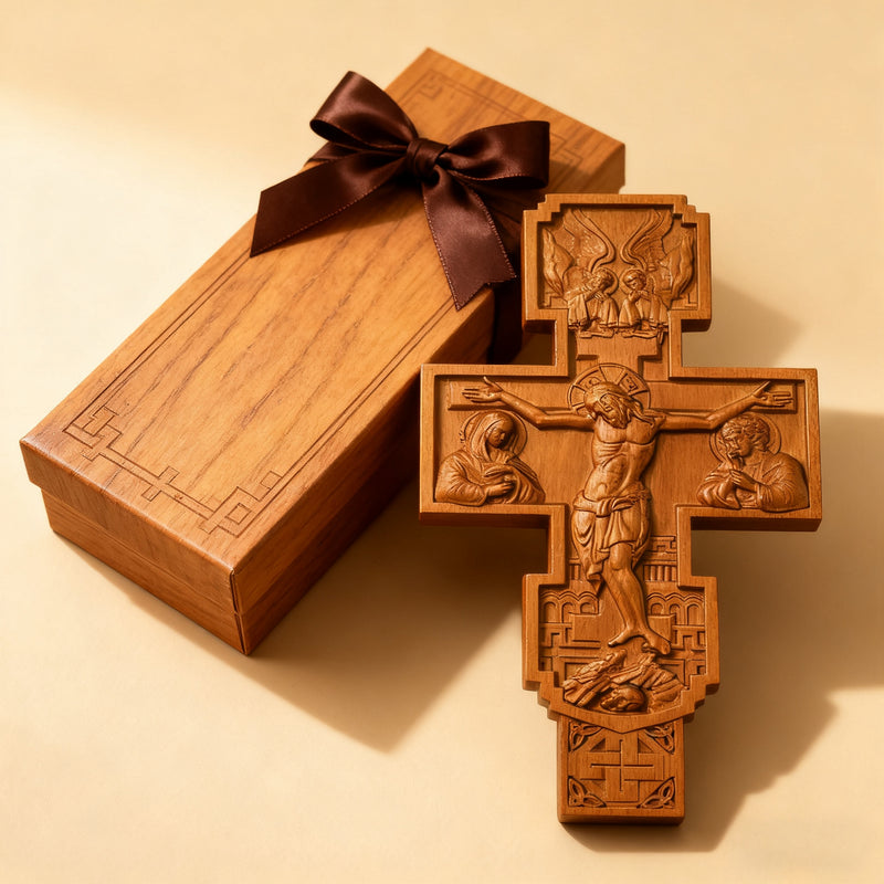 Hand-Carved Beechwood Religious Cross: A Sacred Artistic Testament to Christian Faith