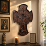 Hand-Carved Beechwood Archangel Michael Wall Cross – Quis Ut Deus Christian Home Decor