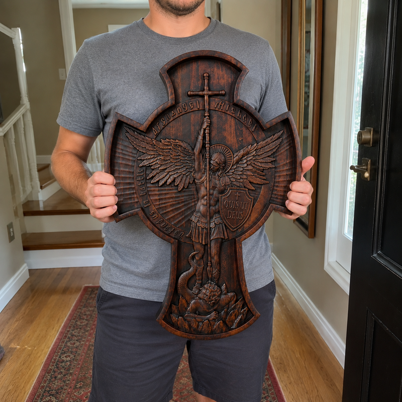 Hand-Carved Beechwood Archangel Michael Wall Cross – Quis Ut Deus