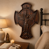 Hand-Carved Beechwood Archangel Michael Wall Cross – Quis Ut Deus Christian Home Decor