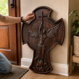 Hand-Carved Beechwood Archangel Michael Wall Cross – Quis Ut Deus Christian Home Decor