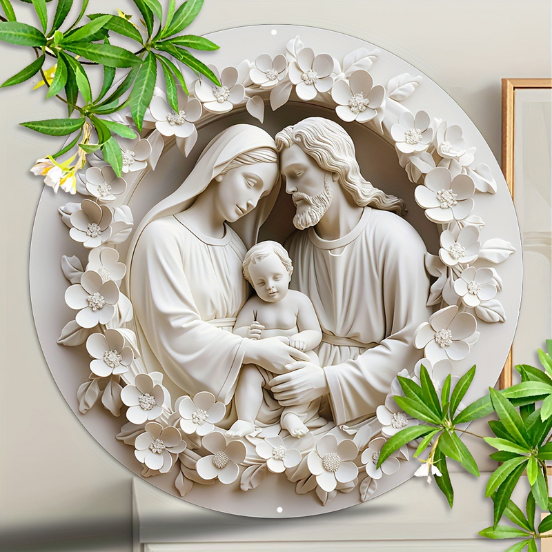 Christian Holy Family Relief Decorative Plaque - 8 Inch / 12 Inch Aluminum Waterproof Religious Wall Art (with Mounting Accessories)