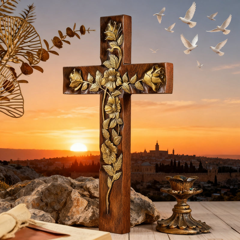 Hand-Carved Rose Cross Wall Art ✝️🌹 | Solid Beechwood Christian Decor with Golden Flowers