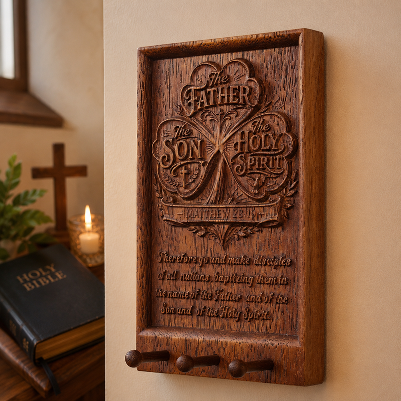 Holy Trinity walnut wood plaque as Christian housewarming gift