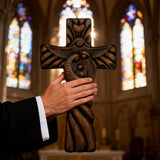 Holy Family wood icon decoration, Joseph, Mary, Baby Jesus, carved wooden cross, wall decoration