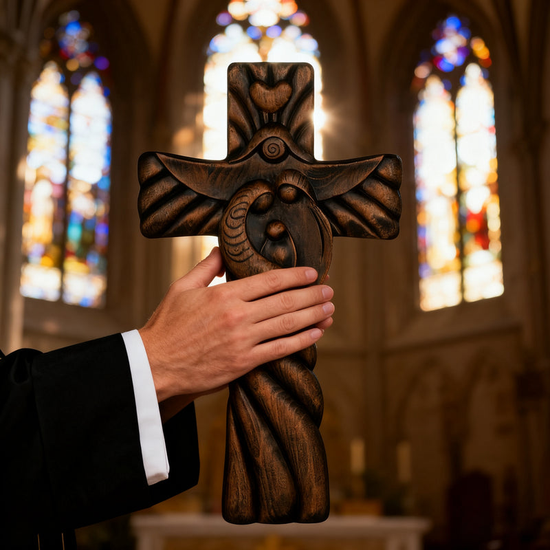 Holy Family wood icon decoration, Joseph, Mary, Baby Jesus, carved wooden cross, wall decoration