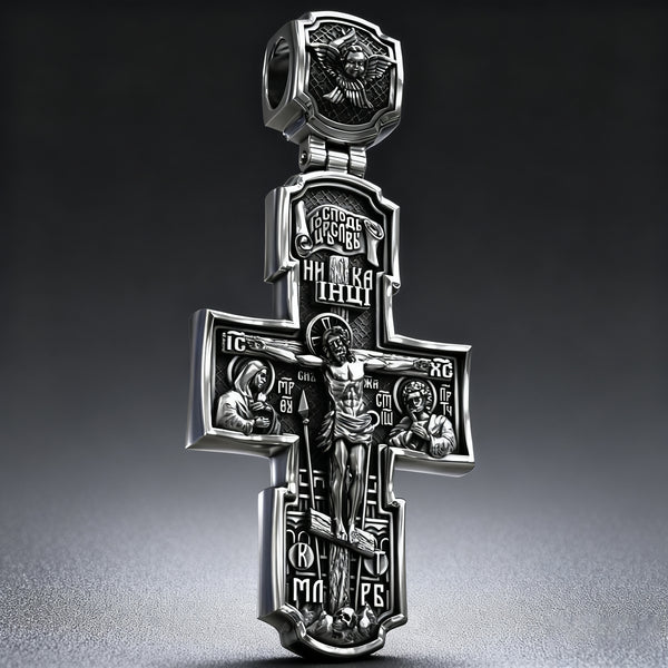 Orthodox S925K Silver Double-Sided Engraved Jesus Christ Crucified and Saints Orthodox Necklace