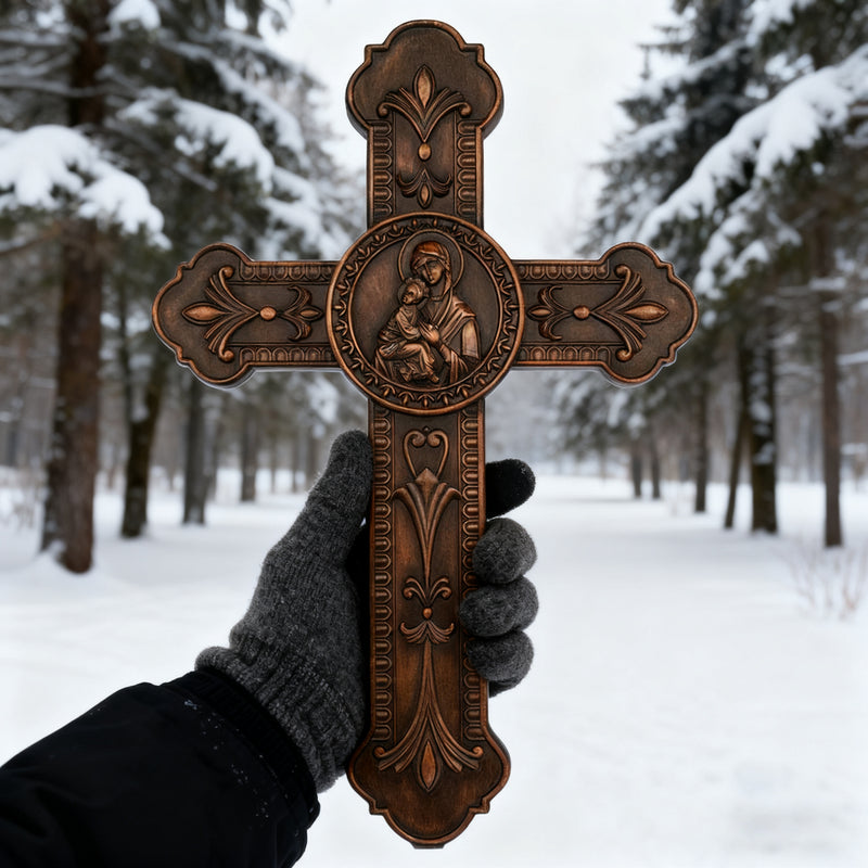 Wooden crucifix of the Virgin, Virgin Mary, Baby Jesus, religious wooden icon, wall crucifix, wall decoration