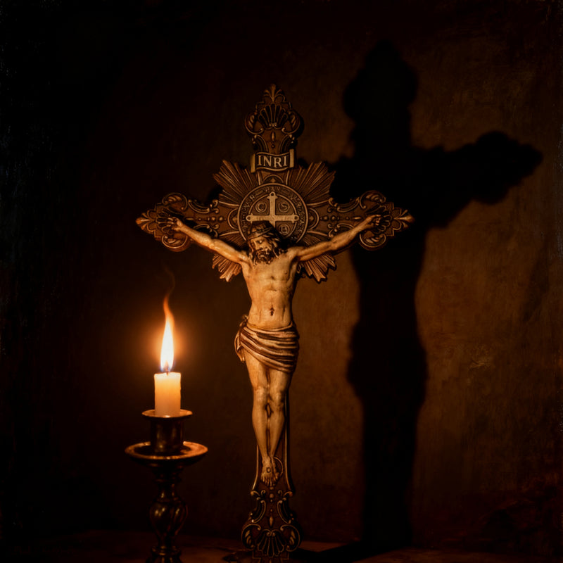 Wood carving of the Cross of the Order of Saint Benedict - with base