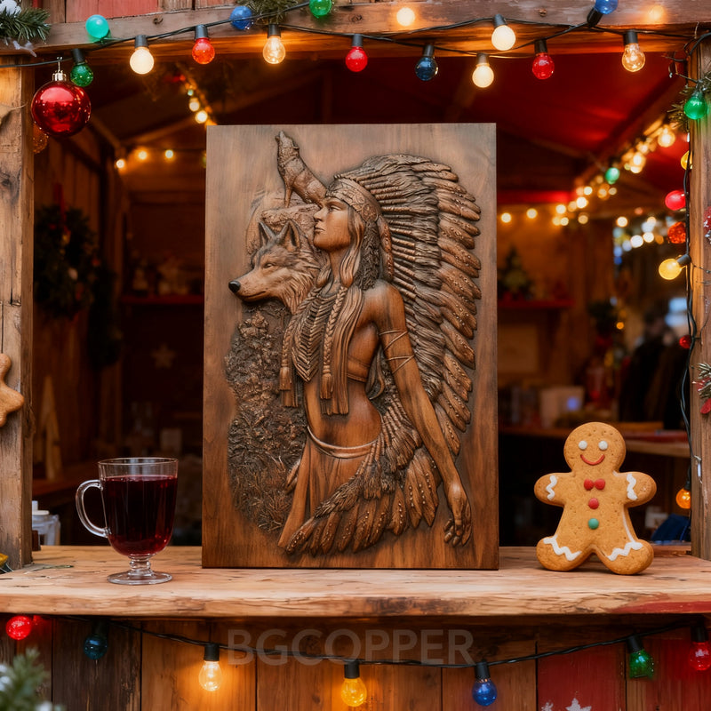 Native American Woman Wood Carving - Hand-Carved Solid Wood Art - Indigenous Home Decor