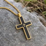 Two-Tone Bevel Edge Carbon Fiber Textured Inlaid Tiny Cross Stainless Steel Necklace