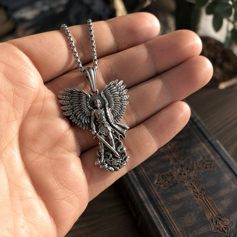 Saint Michael pendant shown in hand for realistic size reference