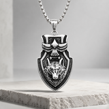 Vintage Shield Wolf & Eagle Stainless Steel Necklace, 3D Embossed Totem Pendant Box Chain for Men