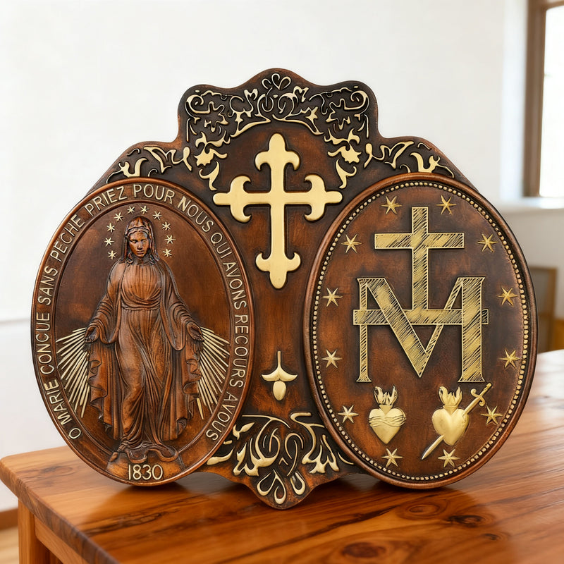 Miraculous Medal Wood Carving Decor - Medal of Our Lady of Graces