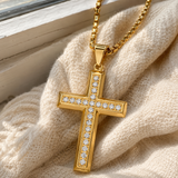 Minimalist Full Paved Cubic Zirconia Stainless Steel Cross Necklace
