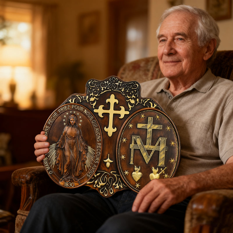 Miraculous Medal Wood Carving Decor - Medal of Our Lady of Graces