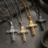 Crucifix Cross Necklace with Crystals, 316L Stainless Steel Religious Pendant for Men