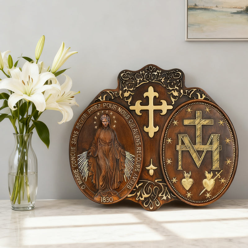 Miraculous Medal Wood Carving Decor - Medal of Our Lady of Graces