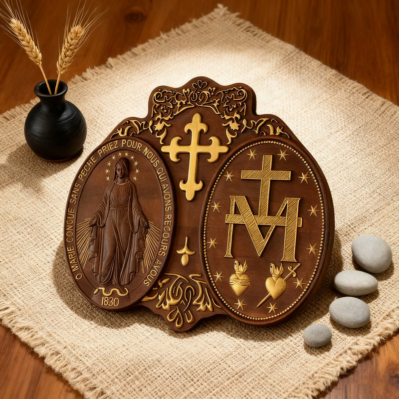 Miraculous Medal Wood Carving Decor - Medal of Our Lady of Graces