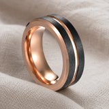 Two-Tone Brushed Titanium Steel Ring, Rose Gold & Black Grooved Wedding Band, 8mm Comfort Fit Mens Promise Ring