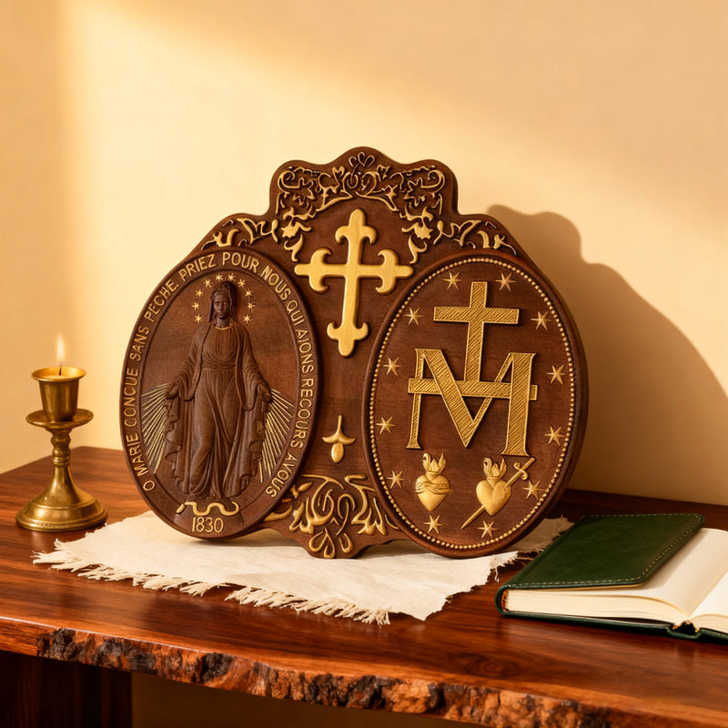 Miraculous Medal Wood Carving Decor - Medal of Our Lady of Graces