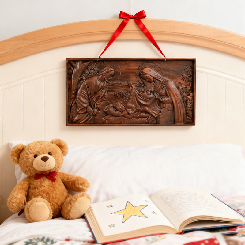 Nativity Scene Wood Carved Plaque, Religious Wall Decor, Christmas Gift