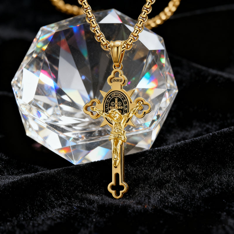 Golden St. Benedict Exorcism Cross - Blessings to you and your family