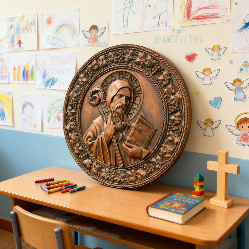 Saint Benedict religious icon, natural wood carved wall decoration