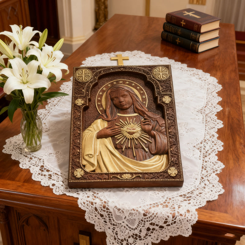 Immaculate Heart of Mary Hand-Carved Beech Wood Sculpture | Sacred Home Altar Ornament