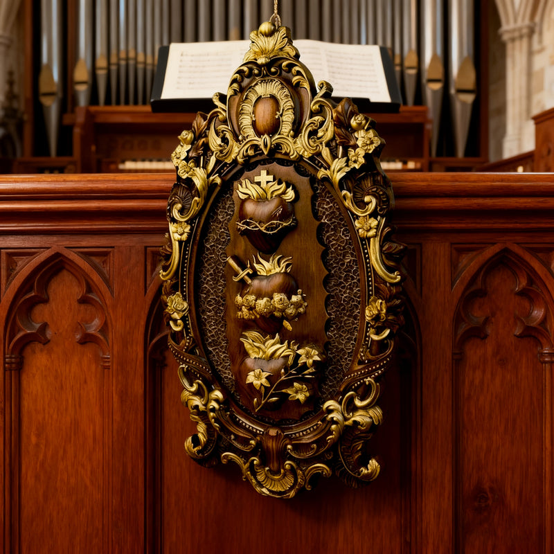 The Holy Family Sacred Hearts Triptych - Hand-Painted Wood Carving