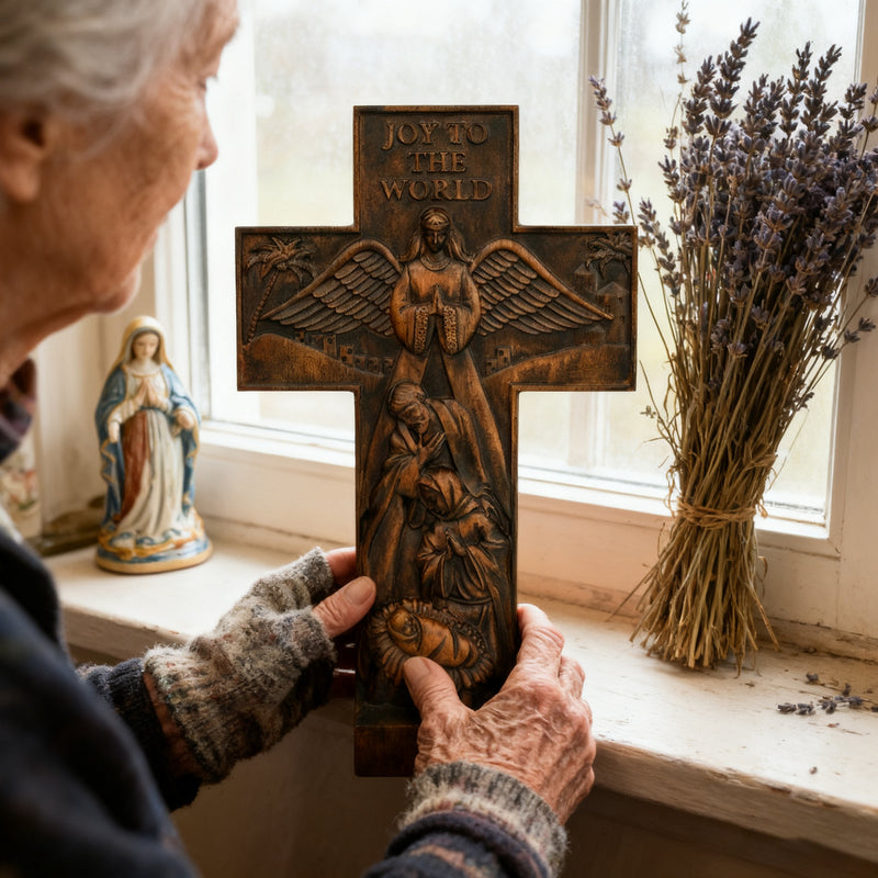Christmas cross, Nativity cross,Joy to the world wood carving- best Christmas gift