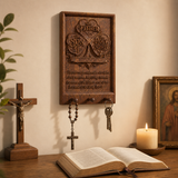 Holy Trinity Wooden Key Holder – Hand-Carved Walnut Wall Plaque with Matthew 28:19