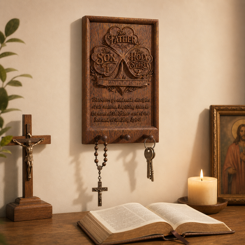 Holy Trinity wooden key holder displayed near a Christian home entryway