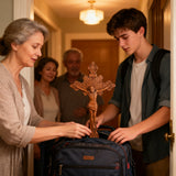 Wood carving of the Cross of the Order of Saint Benedict - with base