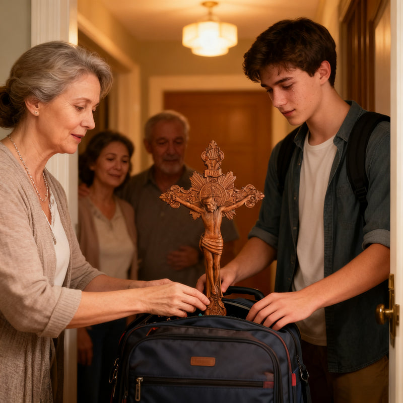 Wood carving of the Cross of the Order of Saint Benedict - with base