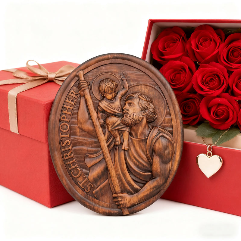 St.Christopher Christian Wood Carving Plaque/The patron saint of travelers