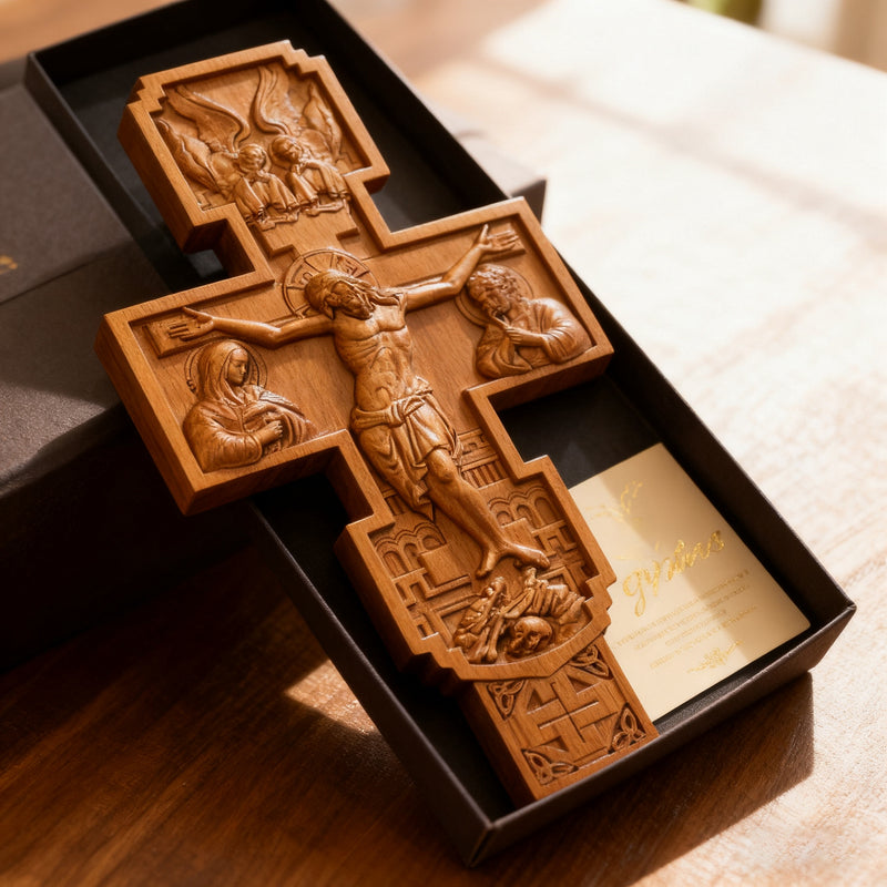 Hand-Carved Beechwood Religious Cross: A Sacred Artistic Testament to Christian Faith