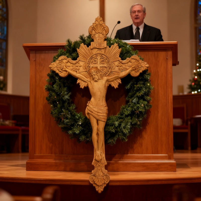 Wood Carving of Jesus Cross with St. Benedict's Exorcism