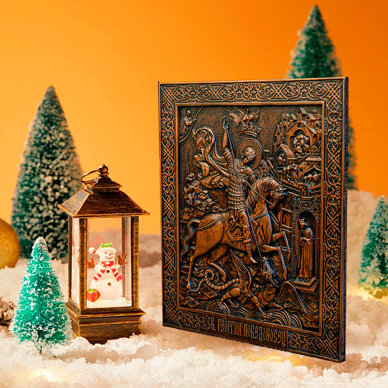 Heiliger Georg und der Drache Holz geschnitzt - religiöse Wanddekoration Ikone christliches Geschenk für Männer