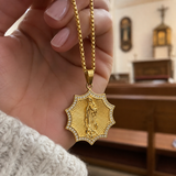 Gold Octagonal Star CZ Our Lady of Guadalupe Necklace, 3D Embossed Radiant Titanium Steel Religious Pendant Box Chain for Men