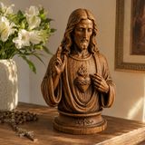 Hand-Carved Cypress Wood Sacred Heart of Jesus Statue – Christian Prayer & Home Devotional Decor