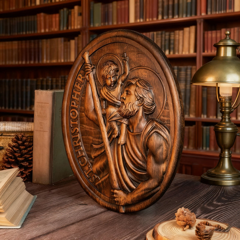 St.Christopher Christian Wood Carving Plaque/The patron saint of travelers