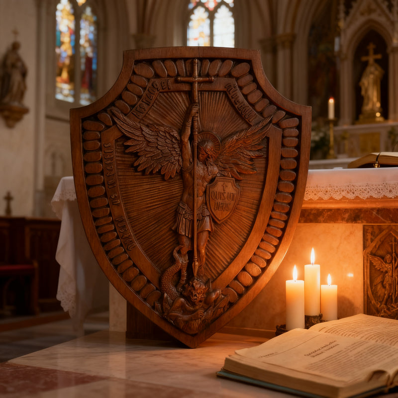 Guardian Michael Wood Carving - Handcrafted Spiritual Shield & Heirloom Gift