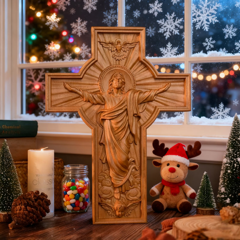 Ascension of Jesus wood carving cross