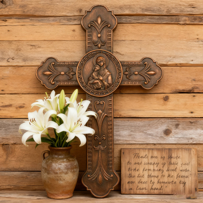 Wooden crucifix of the Virgin, Virgin Mary, Baby Jesus, religious wooden icon, wall crucifix, wall decoration