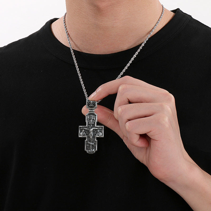 Orthodox S925K Silver Double-Sided Engraved Jesus Christ Crucified and Saints Orthodox Necklace